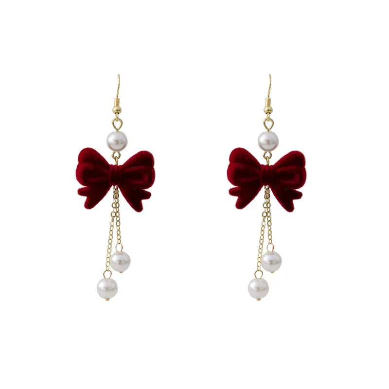DAIIIBABYYY  -  New Romantic Winter Red Velvet Flocking Bow-knot Earrings Korean Fashion White Furry Ball Multi-style Dangle Earring Jewelry