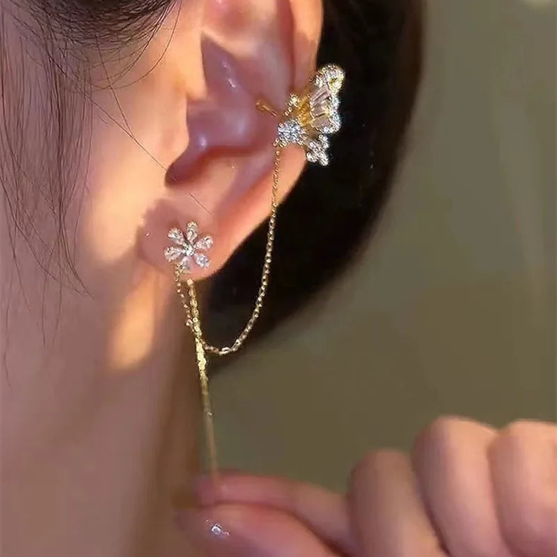 DAIIIBABYYY  -  New Arrival Shiny Crystal Butterfly Ear Cuff Clip Earrings For Women Fashion Tassel Chain Flower Stud Earrings Wedding Jewelry