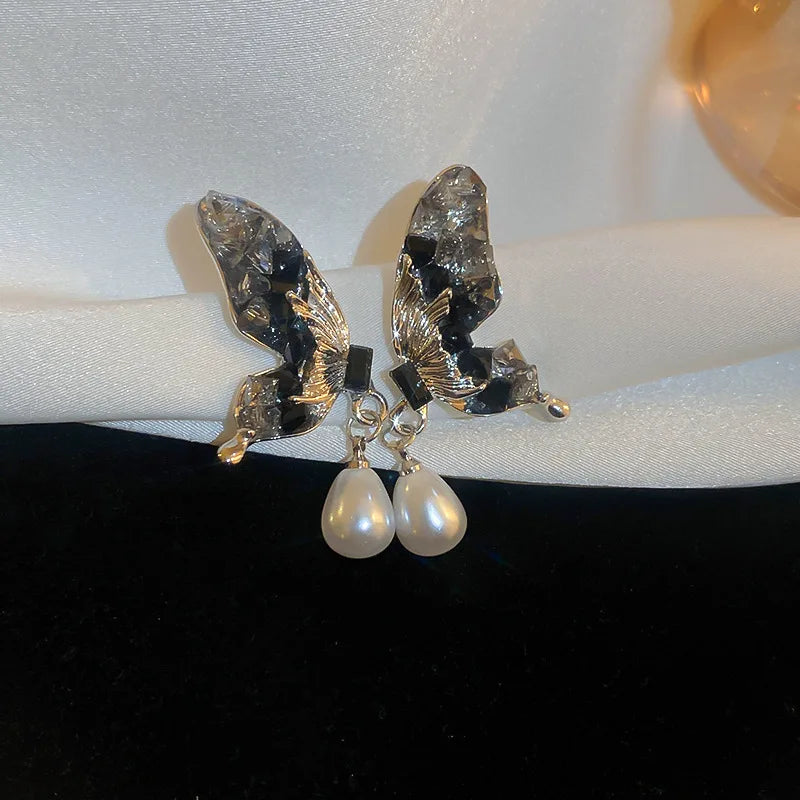 DAIIIBABYYY  -  Luxury Blue Gradient Crystal Butterfly Flower Pearl Earrings Flower Geometric Women Korean Fashion Kpop Tassel Earring