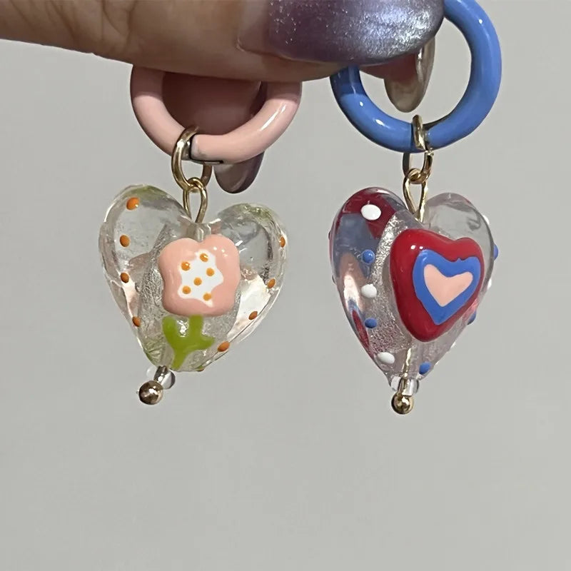 DAIIIBABYYY  -  Colorful Asymmetrical Enamel Flowers Heart Shape Drop Earrings for Women Girls Cute Handmade Hoop Earrings Holiday Jewelry Gifts