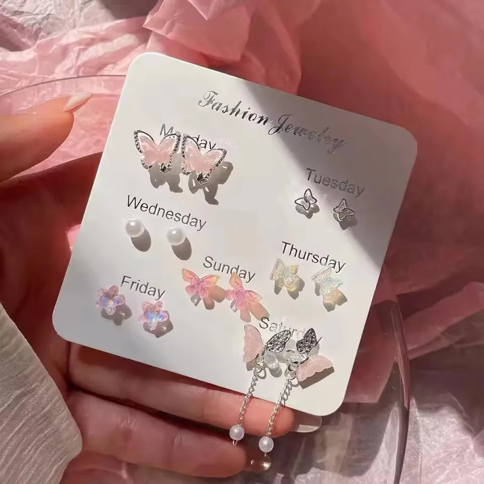 DAIIIBABYYY  -  7PCS SET Pink Flower Butterfly Star Pearl Stud Earring For Women Cute Exquisite Mini Earrings Jewelry Gift Wholesale Direct Sale