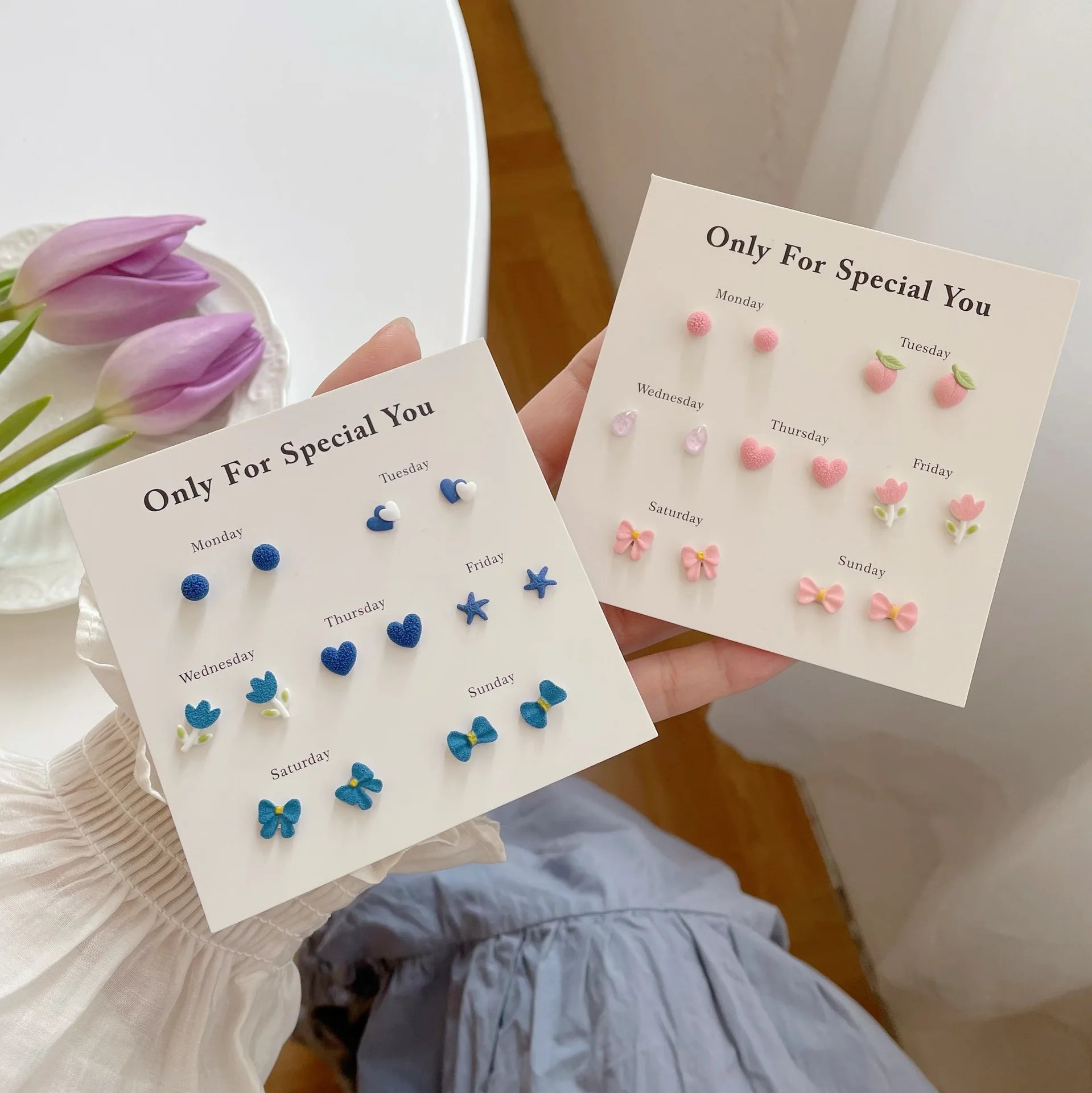 DAIIIBABYYY  -  Sweet Blue Pink Heart Butterfly Bow Flower Stud Earrings Set for Women Matte Mini Star Round Earring Earring Jewelry