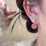 DAIIIBABYYY  -  Korean Sweet Pink Round Bead Earrings Set with Shiny Cubic Zirconia Stud Earrings for Women Elegant Fashion Jewelry Accessories