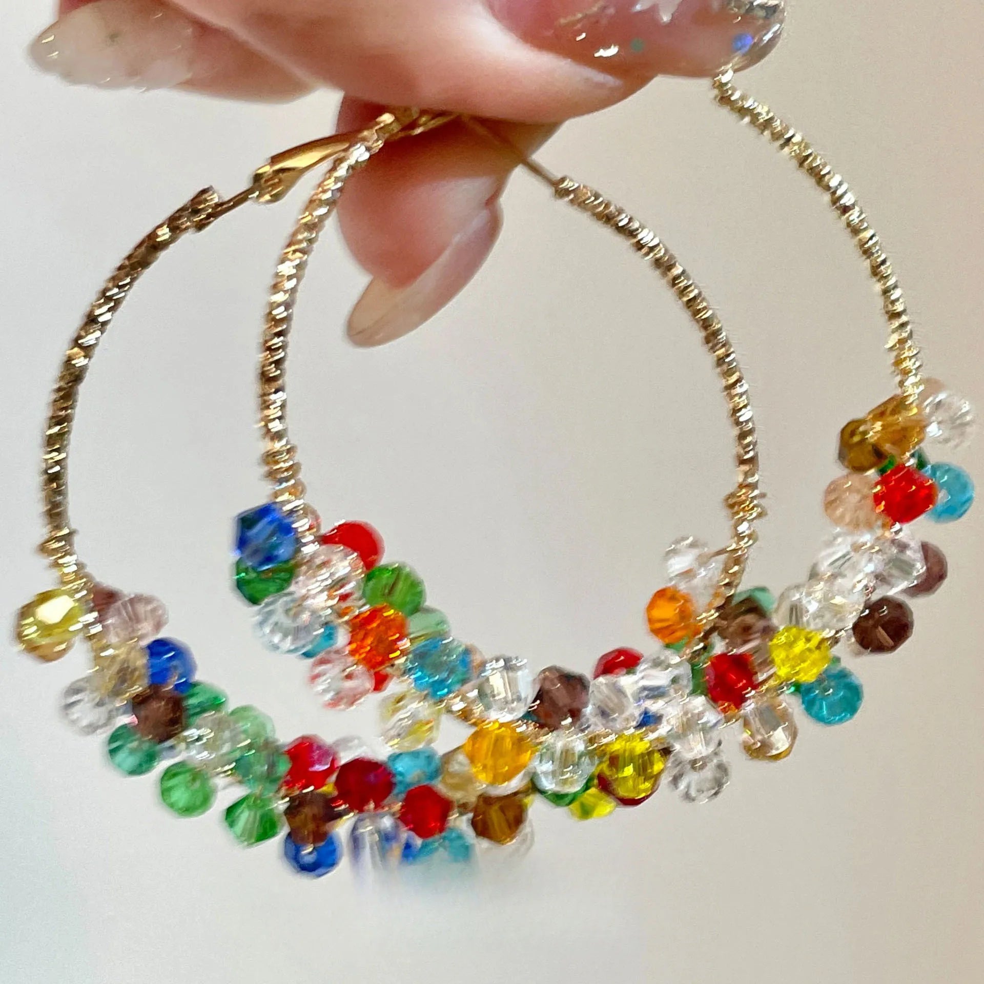 Daiiibabyyy  Shiny Colored Rhinestone Hoop Earrings for Women Exaggerated Geometric Crystal Large Circle Earrings Pearl Bead Earrings Jewelry