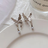 DAIIIBABYYY  -   Kpop Punk Silver Color Asymmetric Butterfly Pearl Stud Earrings Women Korean Fashion INS Cute Heart Geometric Earring