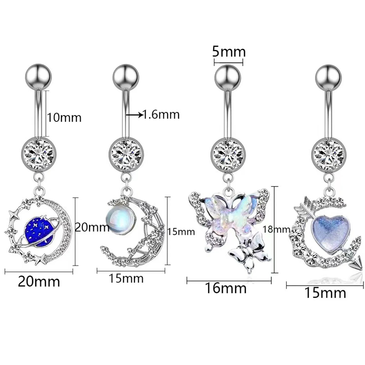DAIIIBABYYY  -  Punk Butterfly Belly Button Rings Stainless Steel Dangle Zircon Dangle For Women Belly Navel Rings Body Belly Piercing Jewelry