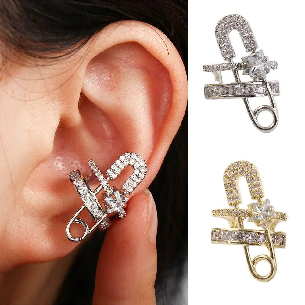 DAIIIBABYYY  -  European And American Style Ring Earrings Exaggerated Micro-Inlaid Zircon Ear Clip Open Ring Pin Design Double Layer Jewelry