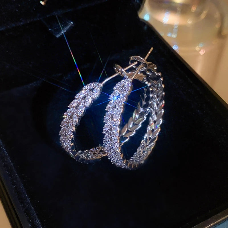 Daiiibabyyy  Silver Needle Zircon Leaf Geometric Circle Earrings European and American Fashion High-end Earring Daily Commuting Jewelry