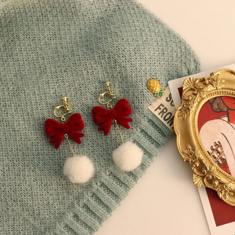 DAIIIBABYYY  -  Women New Year Christmas Wine Red Velvet Bow Earrings Korean Fashion Girls White Plush Ball Dangle Earring Jewelry Gift