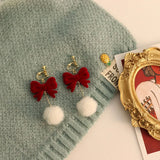 DAIIIBABYYY  -  Women New Year Christmas Wine Red Velvet Bow Earrings Korean Fashion Girls White Plush Ball Dangle Earring Jewelry Gift