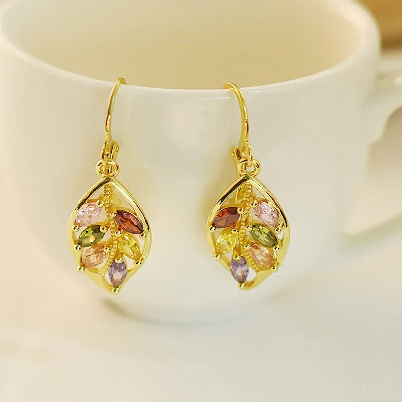 DAIIIBABYYY  -  Fashion Sparkling Colorful Cubic Zirconia Pendant Earrings Multicolor Stone Leaves Rose Gold Charming Pendant Earrings Jewelry