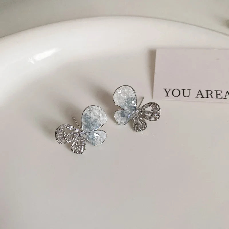 DAIIIBABYYY  -  Luxury Blue Gradient Crystal Butterfly Flower Pearl Earrings Flower Geometric Women Korean Fashion Kpop Tassel Earring