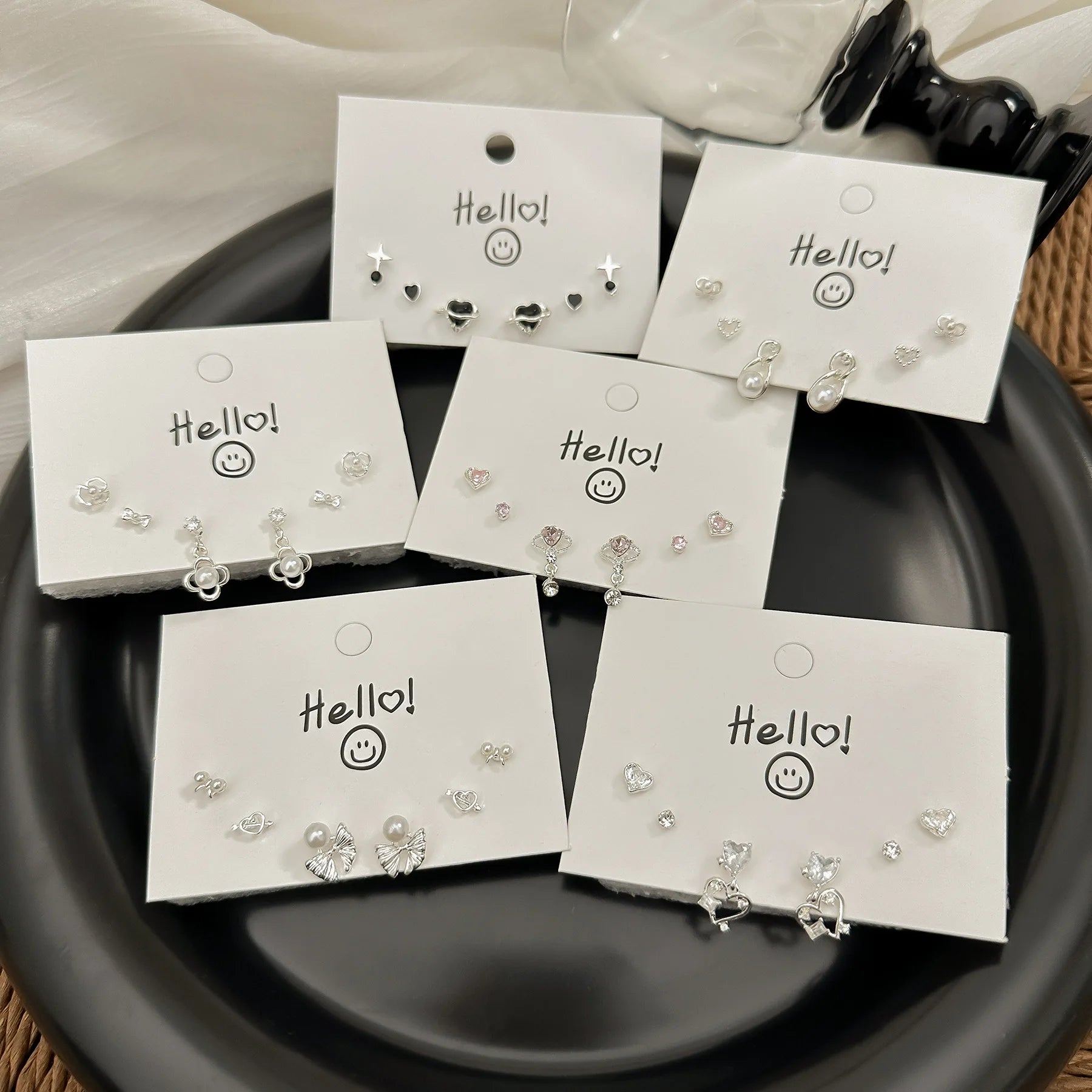DAIIIBABYYY  -  Silver Plated Needle Luxury Stud Earrings Set for Women Fashion Rhinestone Heart Pearl Bow Star Earring Wedding Jewelry