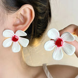 Daiiibabyyy Exaggerated Enamel Glaze Pink Large Flower Stud Earrings For Women's Vacation Style Personality Party Wedding Jewelry