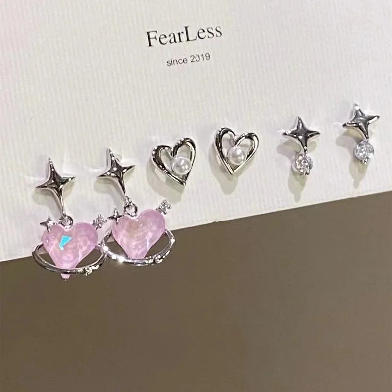 DAIIIBABYYY  -  Sweet Shining Y2K White Pink Heart Shape Stud Earrings Women Girl Korean Fashion Rhinestone Earring Jewelry Accessories