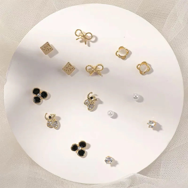 DAIIIBABYYY  -  Korean Fashion New Week Stud Earrings Set for Women Mini Sweet Pearl Heart Bow Rainbow Earring Luxury Jewelry Gift