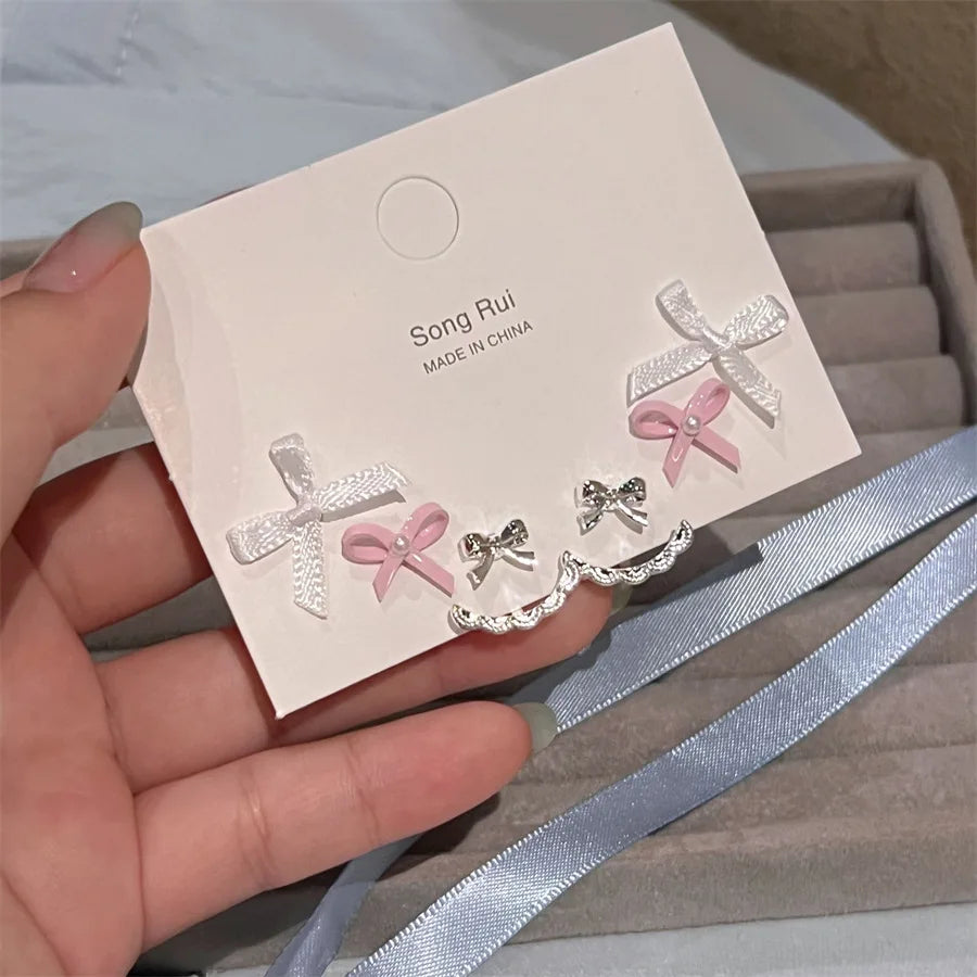 DAIIIBABYYY  -   Korean Fashion Ballet Style Ribbon Bow-knot Shape Pearl Stud Earrings Set for Women Kpop Pink Blue Charm Earring Jewelry