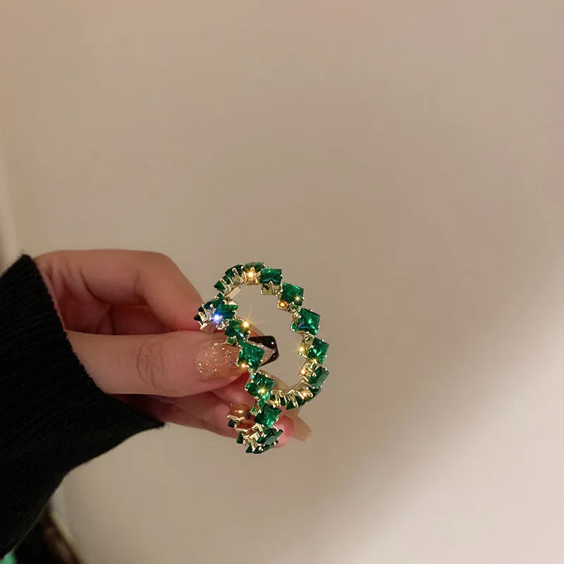 Daiiibabyyy  Green Zircon C-shaped Earrings for Female Fashion Exaggerated Hoop Earrings Inlaid Rhinestone Women's Jewelry for Party
