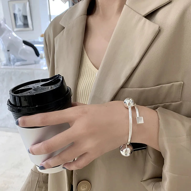 Daiiibabyyy Silver Color Double Beads Square Bracelet for Women Girl Birthday Gift Trendy Exaggerated Design Jewelry Dropshipping