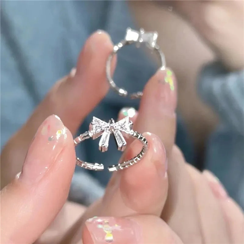 DAIIIBABYYY  -  Korean Fashion Blue Moonlight Stone Heart Rings Women Elegant Light Luxury Exquisite Shining Bow Knot Finger Ring Jewelry Gifts