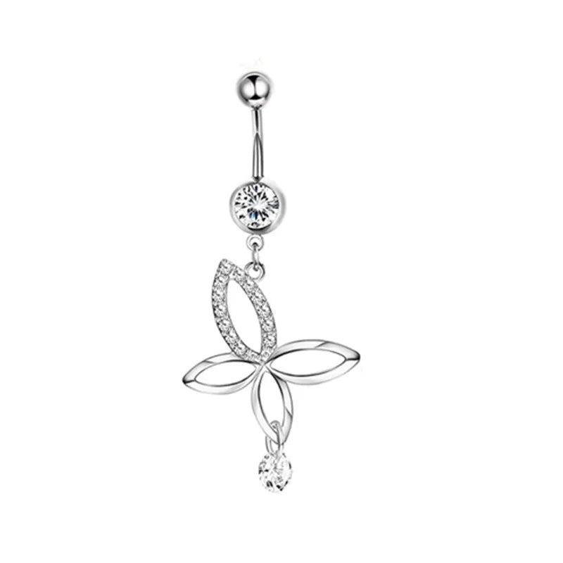DAIIIBABYYY  -  Fashion Crystal Stainless Steel Flower Butterfly Belly Piercing for Women Silver Color Belly Button Rings Body Jewelry