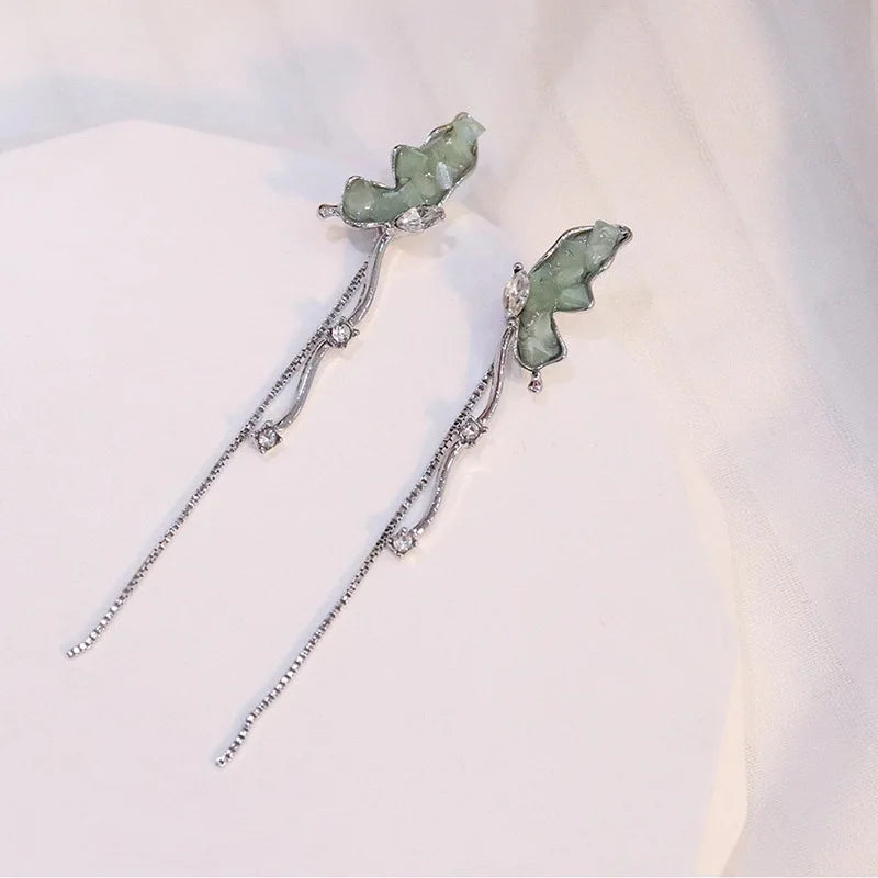 DAIIIBABYYY  -  Sweet Crystal Stone Butterfly Earrings High Sense Celebrity Style Long Tassels Show Face Thin Crystal Earrings Women's Ornament
