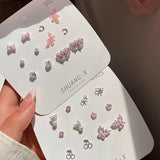 DAIIIBABYYY  -  Summer New Shiny Pink Flower Cherry Butterfly Star Pearl Stud Earrings Set for Women Girls One Week Korean Fashion Jewelry Gift