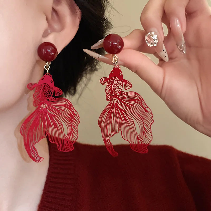 DAIIIBABYYY  -  Red Koi Fish Clip on Earrings for Women Hollow Metallic Goldfish Ear Clip Earrings with No Piercing Ear Jewelry Lucky Gifts