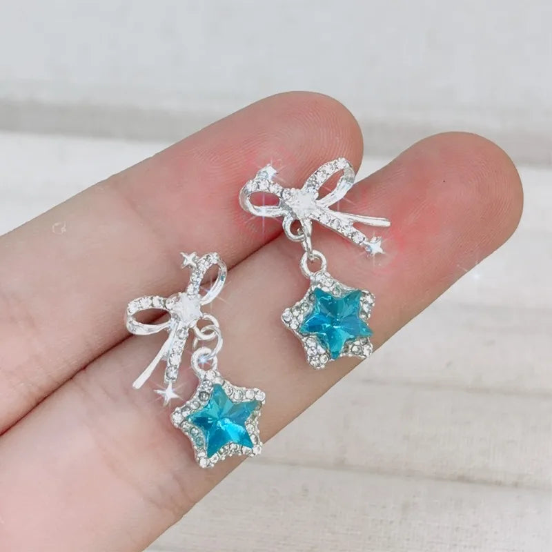 Daiiibabyyy Exquisite Blue Star Shaped Crystal Stud Earrings for Women Personalized Stylish Daily Accessories Party Jewelry Birthday Gifts