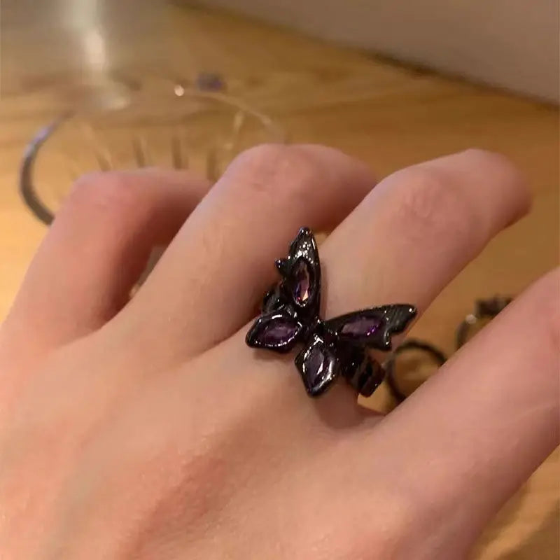 DAIIIBABYYY  -  Gothic Dark Black Butterfly Cross Geometry Irregular Open Rings For Women Men Punk Y2K Halloween Grunge Accessories Jewelry Gift
