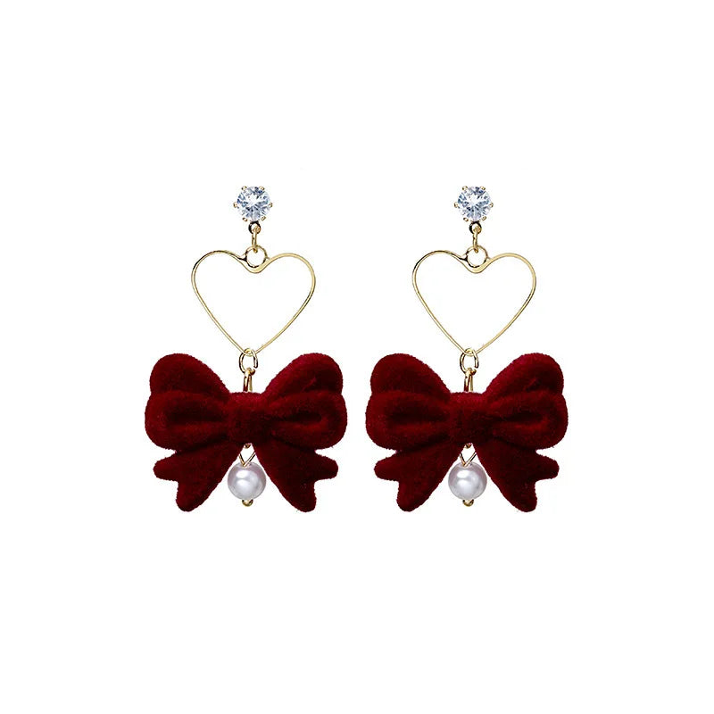 DAIIIBABYYY  -  New Romantic Winter Red Velvet Flocking Bow-knot Earrings Korean Fashion White Furry Ball Multi-style Dangle Earring Jewelry