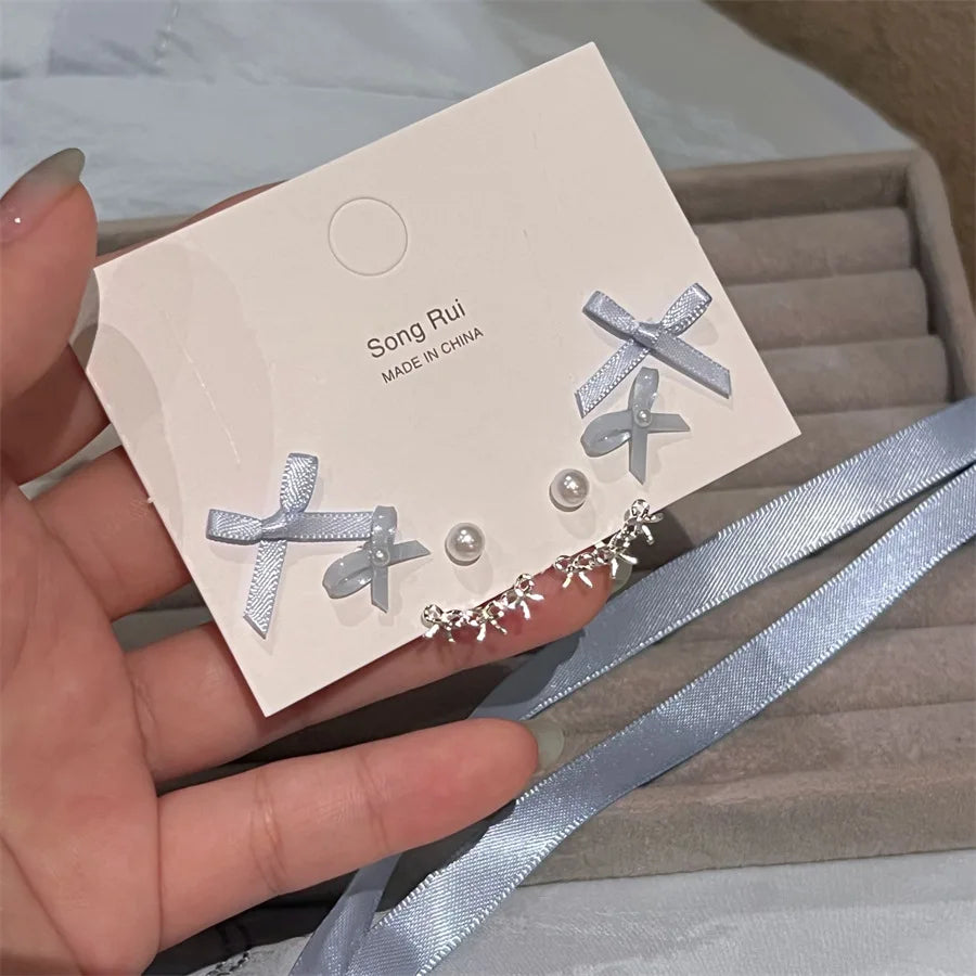 DAIIIBABYYY  -   Korean Fashion Ballet Style Ribbon Bow-knot Shape Pearl Stud Earrings Set for Women Kpop Pink Blue Charm Earring Jewelry