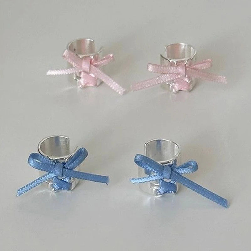 DAIIIBABYYY  -  Y2K Style Ribbon Pink Bow Ties Clip Earrings for Women Girls Sweet Cool Korean Charm Girls Ear Bone Clip Fashion Jewelry Gifts