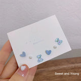 DAIIIBABYYY  -  Y2K Blue Colorful Bow-knot Heart Shape Rhinestone Stud Earrings Set Women Korean Fashion Cute Earring Jewelry brincos