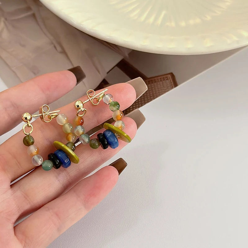 DAIIIBABYYY  -  Retro Colorful Green Bead Earrings Ethnic Style Safety Buckle Design Light Luxury Artistic Popular Earrings Women's Jewelry