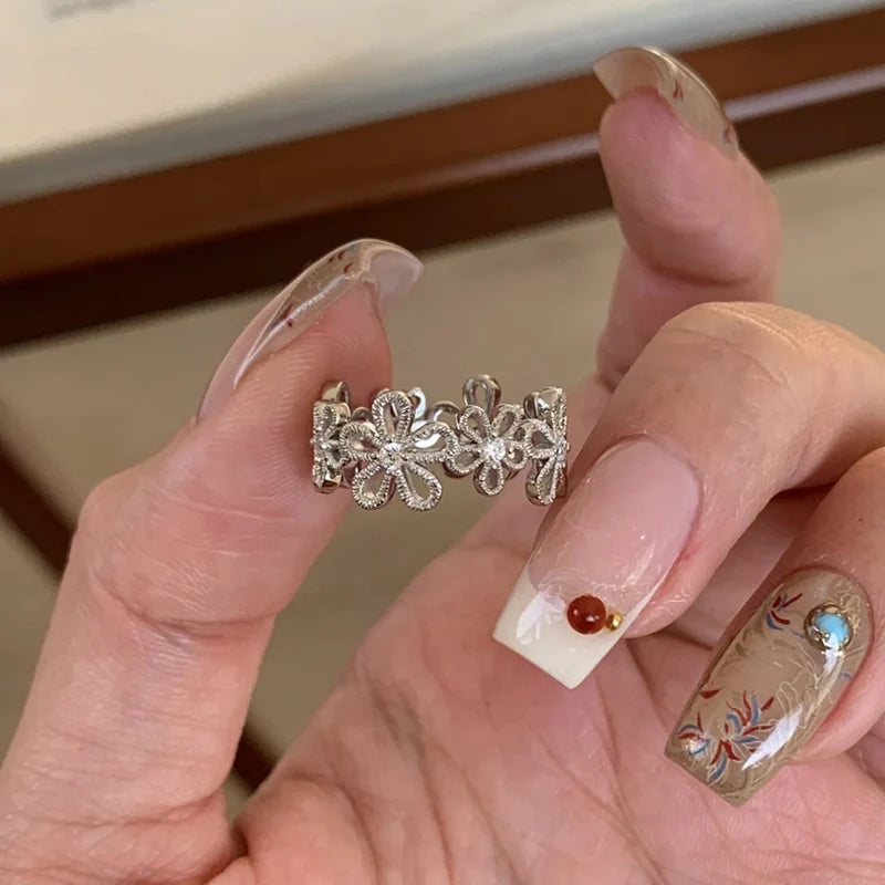 DAIIIBABYYY  -  Lace Flower Zircon Rings For Women Girls Simple Trendy Gentle Exquisite Creative Elegant Sweet Anniversary Jewelry Gifts