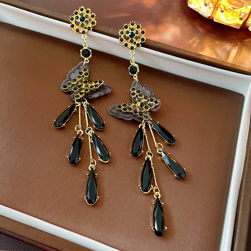 Daiiibabyyy  Black Crystal Butterfly Tassel Dangle Earrings For Women Silver Needle Long Drop Earrings Fashion Personality Jewelry