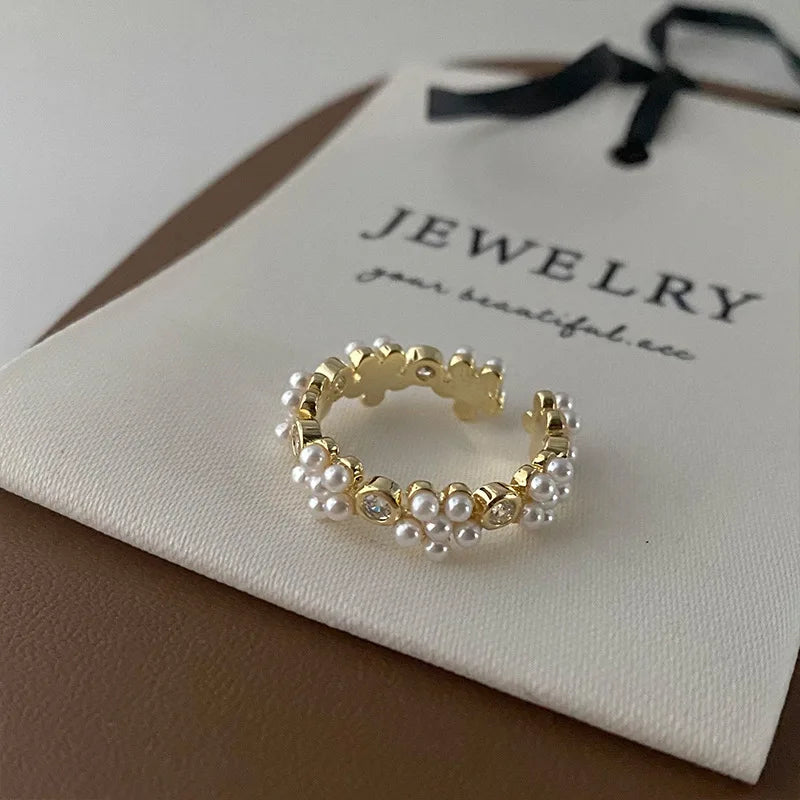 DAIIIBABYYY  -  New Korean Retro Simple Elegant Shell Pearl Love Flower Opening Rings For Women Fashion Sweet Jewelry Accessories
