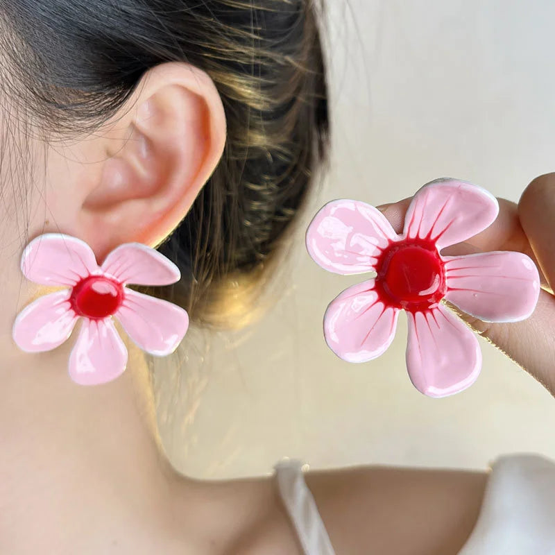 Daiiibabyyy Exaggerated Enamel Glaze Pink Large Flower Stud Earrings For Women's Vacation Style Personality Party Wedding Jewelry