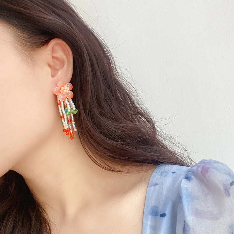DAIIIBABYYY  -  Blue peach jade earrings Korean niche fresh and elegant flower beaded tassel earrings