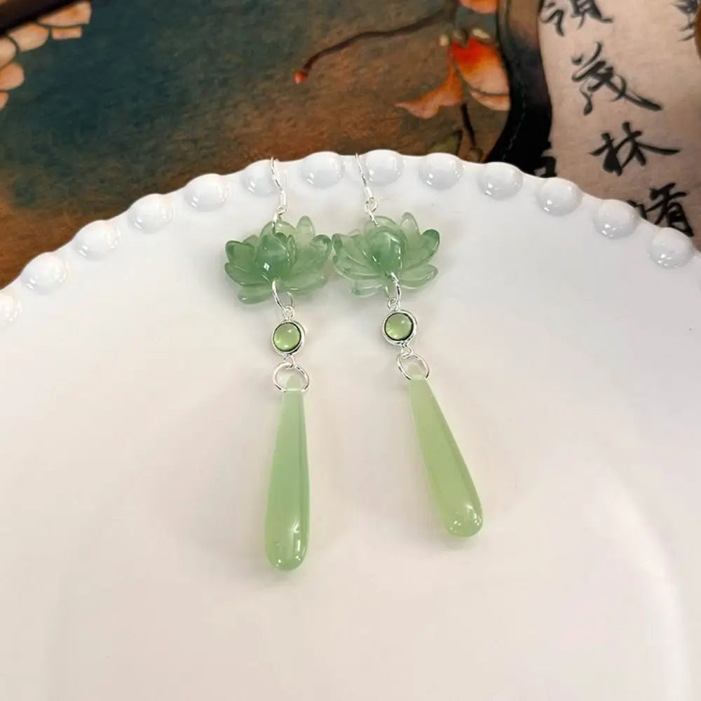 DAIIIBABYYY  -  Simple Lotus Pendant Ear Hooks Elegant Retro Chinese Classic Earrings Chinese Ancient Style Handmade Lotus Water Drop Earrings