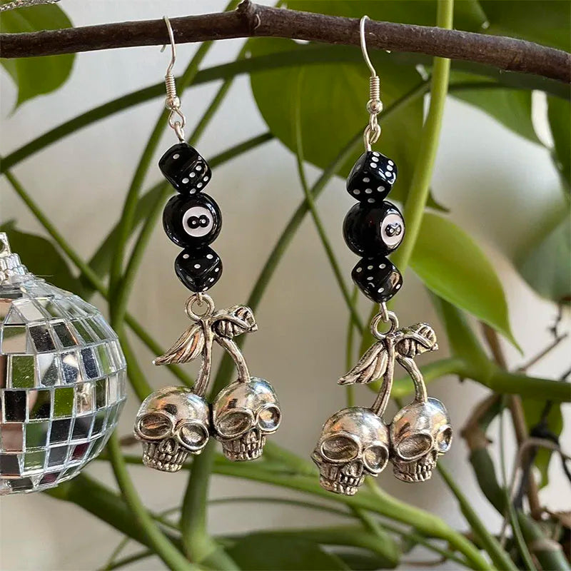 DAIIIBABYYY  -  handmade skull lucky cherry cherries grunge earrings eight balls black dice