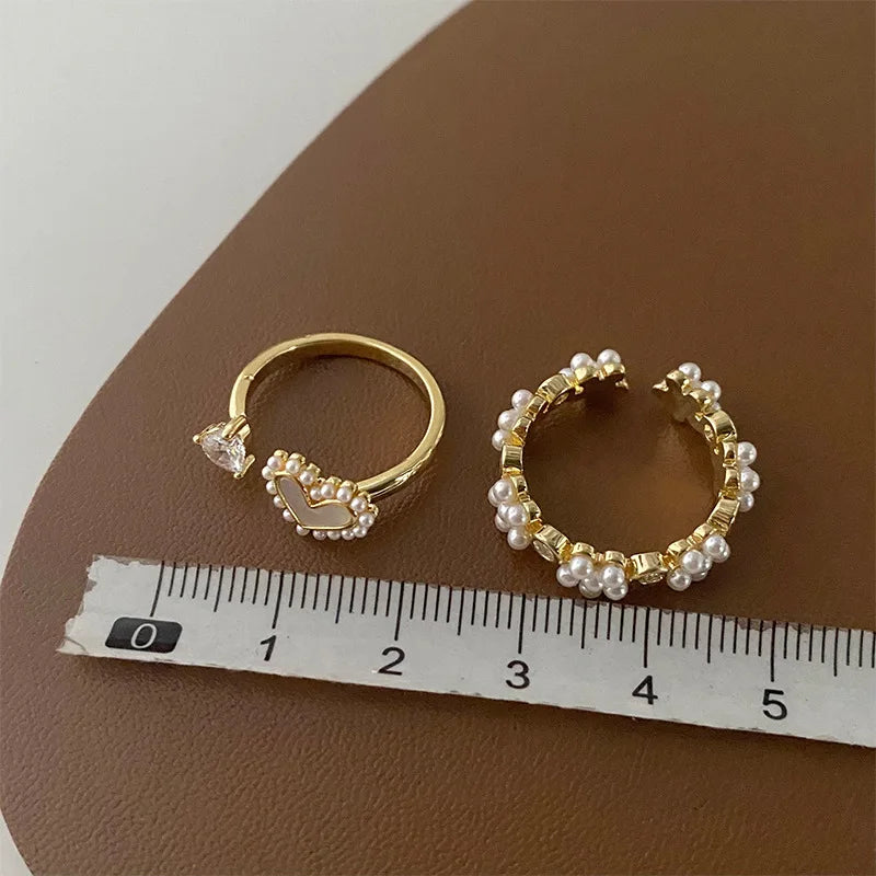 DAIIIBABYYY  -  New Korean Retro Simple Elegant Shell Pearl Love Flower Opening Rings For Women Fashion Sweet Jewelry Accessories