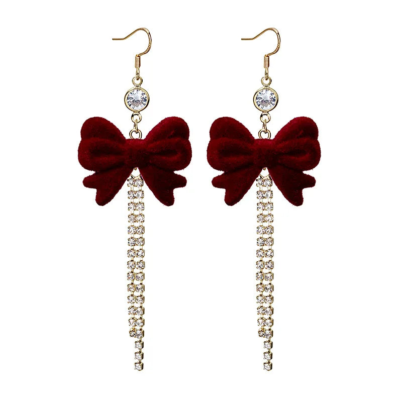 DAIIIBABYYY  -  Women New Year Christmas Wine Red Velvet Bow Earrings Korean Fashion Girls White Plush Ball Dangle Earring Jewelry Gift