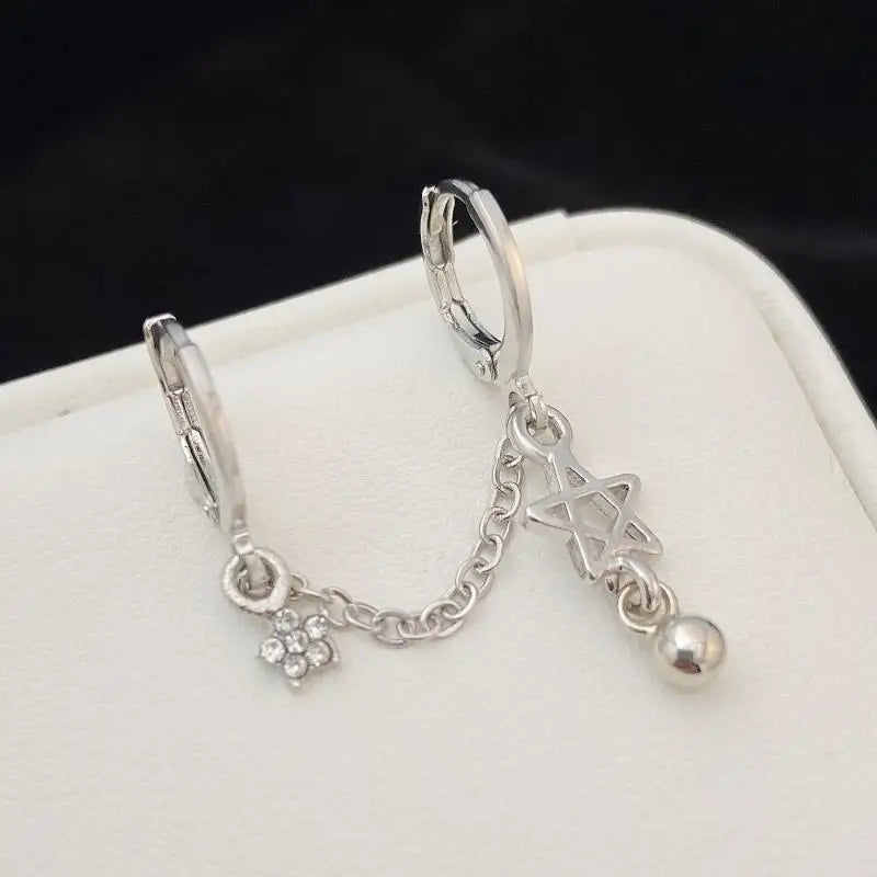 DAIIIBABYYY  -  Hiphop Punk Rhinestone Star Chain Double Ear Hole Fashion Silver Color Round Bead Pendant Hoop Earrings Y2K Fashion Jewelry Gift