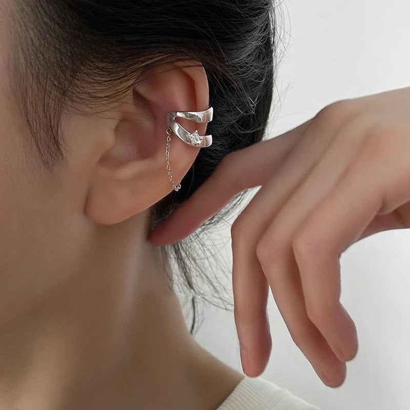 DAIIIBABYYY  -  Y2K Double Layer Zircon Tassel Chain Non Pierced Clip On Earrings Silver Color Ear Accessories Earcuff Fashion Jewelry Gifts