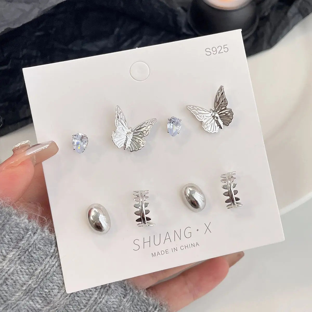 DAIIIBABYYY  -  Silver Plated Elegant INS Style Butterfly Star Stud Earrings Set Women Korean Fashion Simple Geometric Earring Jewelry