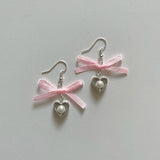 DAIIIBABYYY  -  Pearl heart charm earrings pink ribbon bows Cute fairy
