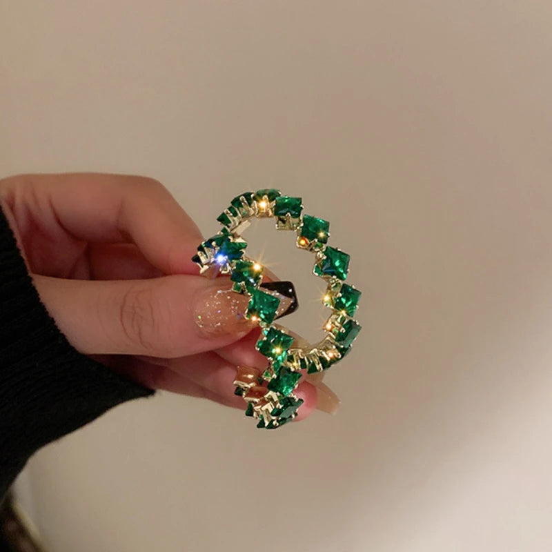 Daiiibabyyy  Green Zircon C-shaped Earrings for Female Fashion Exaggerated Hoop Earrings Inlaid Rhinestone Women's Jewelry for Party