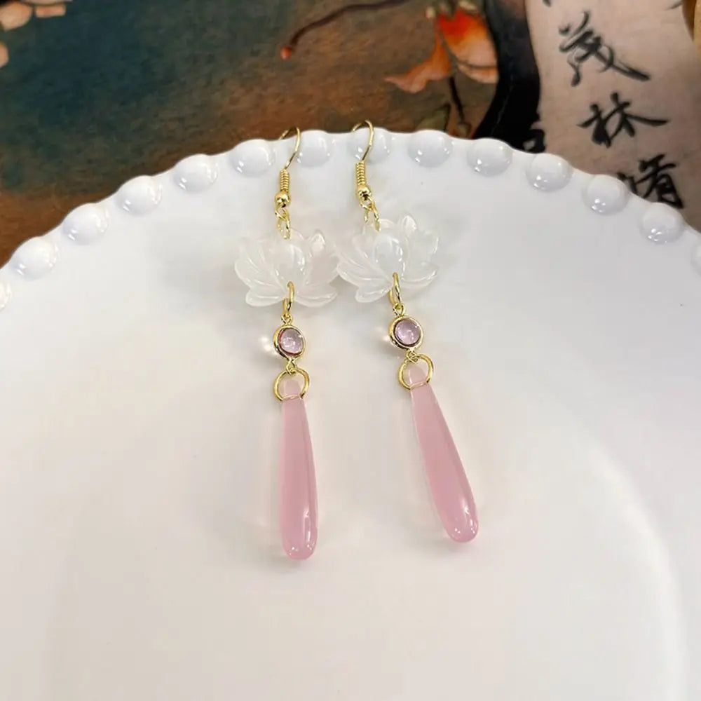 DAIIIBABYYY  -  Simple Lotus Pendant Ear Hooks Elegant Retro Chinese Classic Earrings Chinese Ancient Style Handmade Lotus Water Drop Earrings